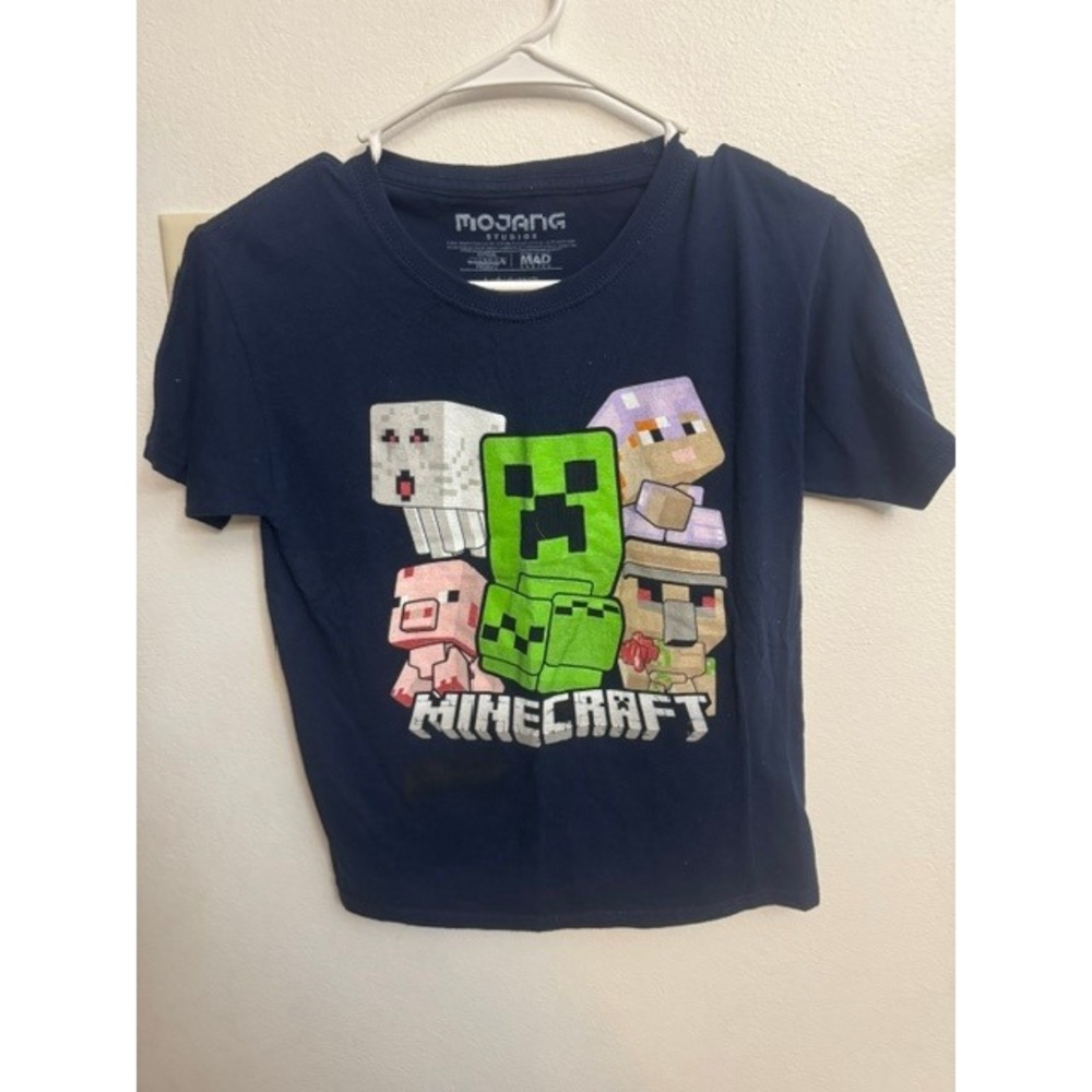 Mojang Minecraft Boys Navy Blue Graphic T-Shirt Creeper Ghast Mad Engine L 10-12